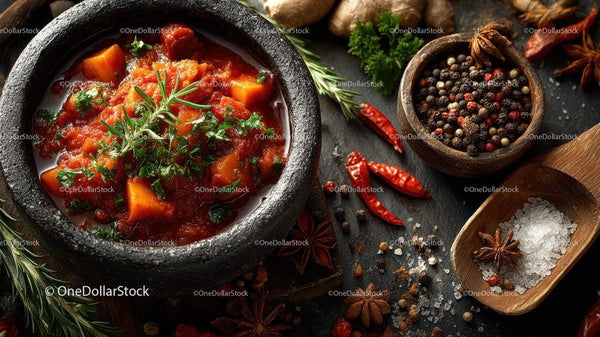 Spicy Stew with Fresh Herbs in Rustic Stone Bowl