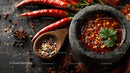 Chili Peppers and Spices in Stone Mortar