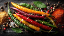 Vibrant Chili Peppers with Aromatic Spices on Dark Slate