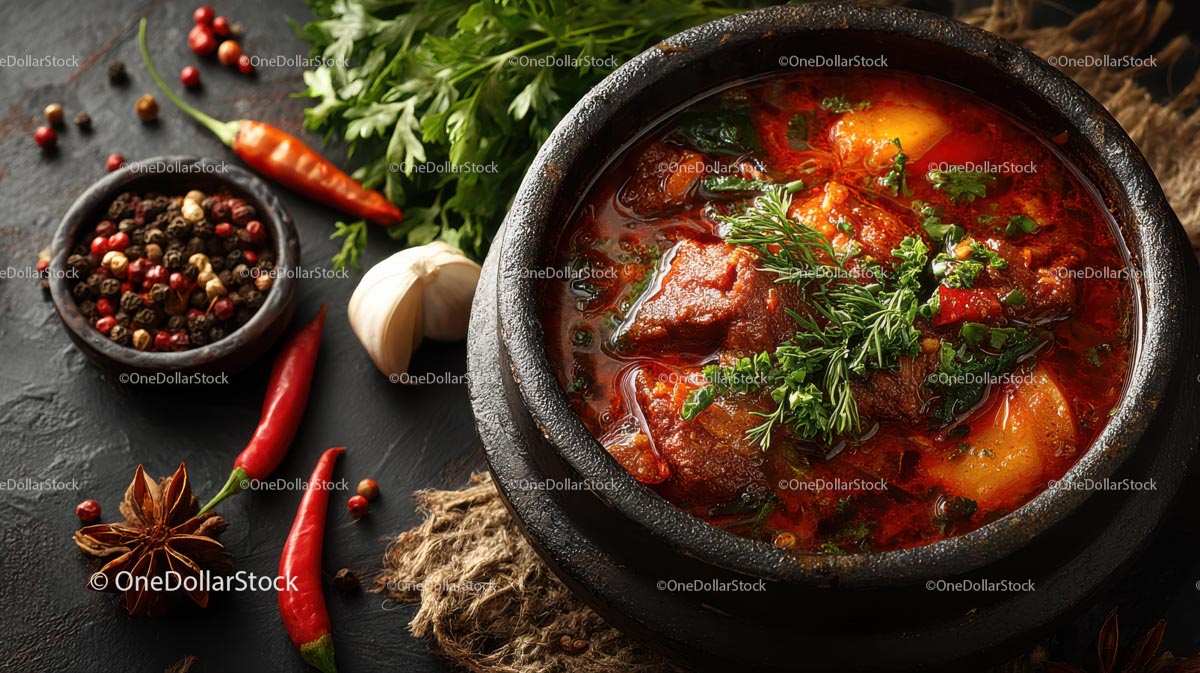 Delicious Spicy Stew with Fresh Herbs in Stone Bowl
