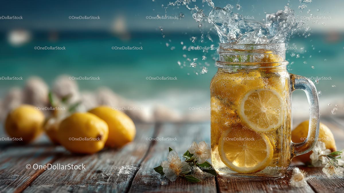 Orzeźwiająca woda z cytryną na plaży