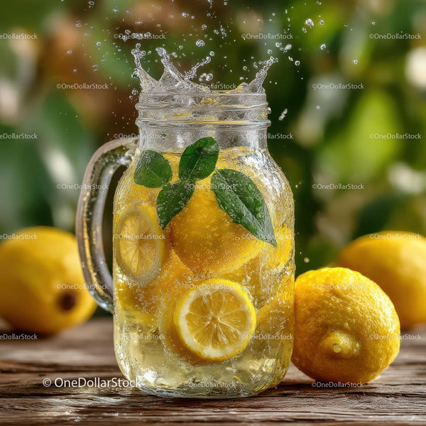 Refreshing Lemonade in a Mason Jar with Splashing Water