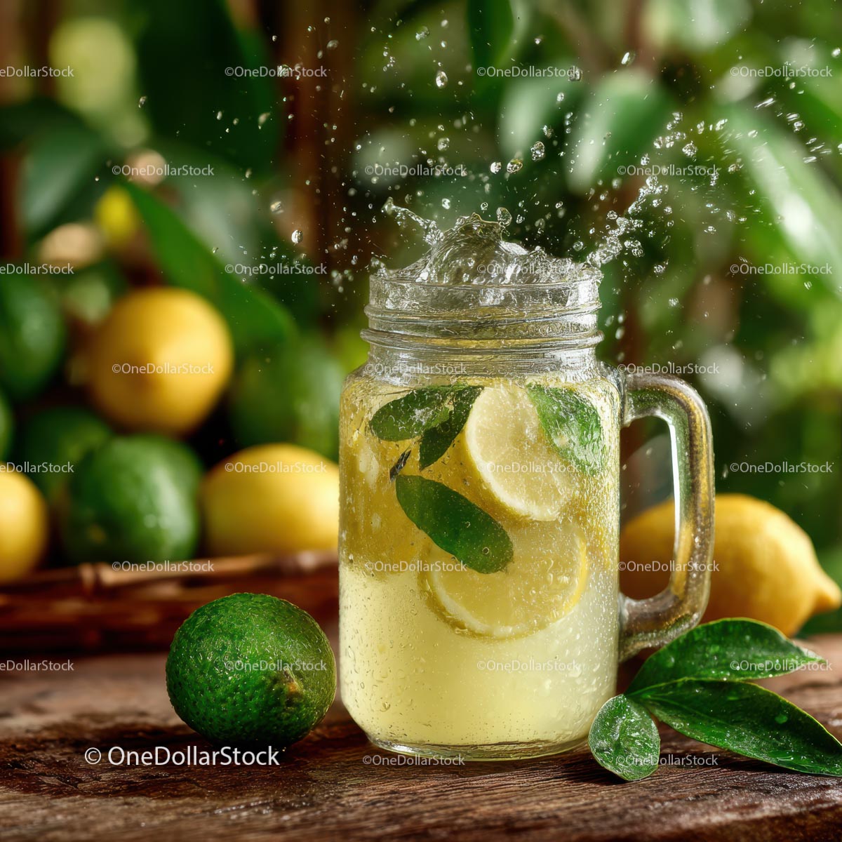 Refreshing Lemon and Lime Drink Splashes in Mason Jar