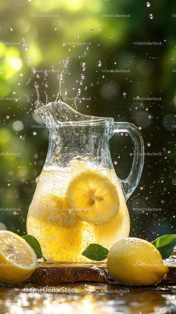 Refreshing Lemon Splash in Glass Pitcher Outdoors