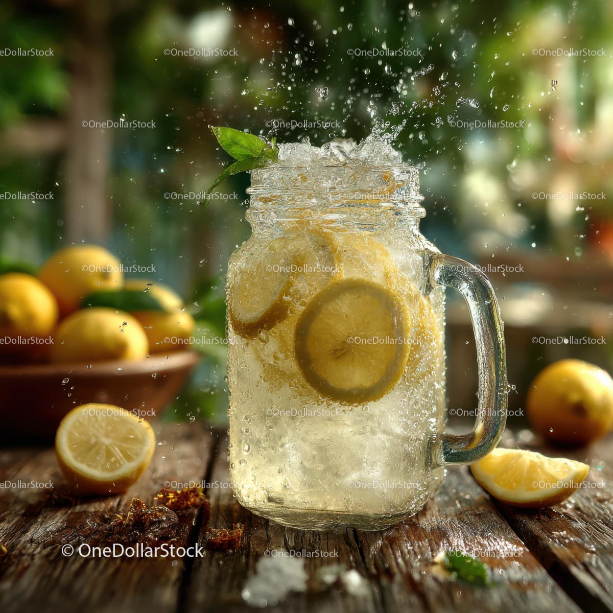 Refreshing Lemon Drink in Mason Jar with Ice Cubes