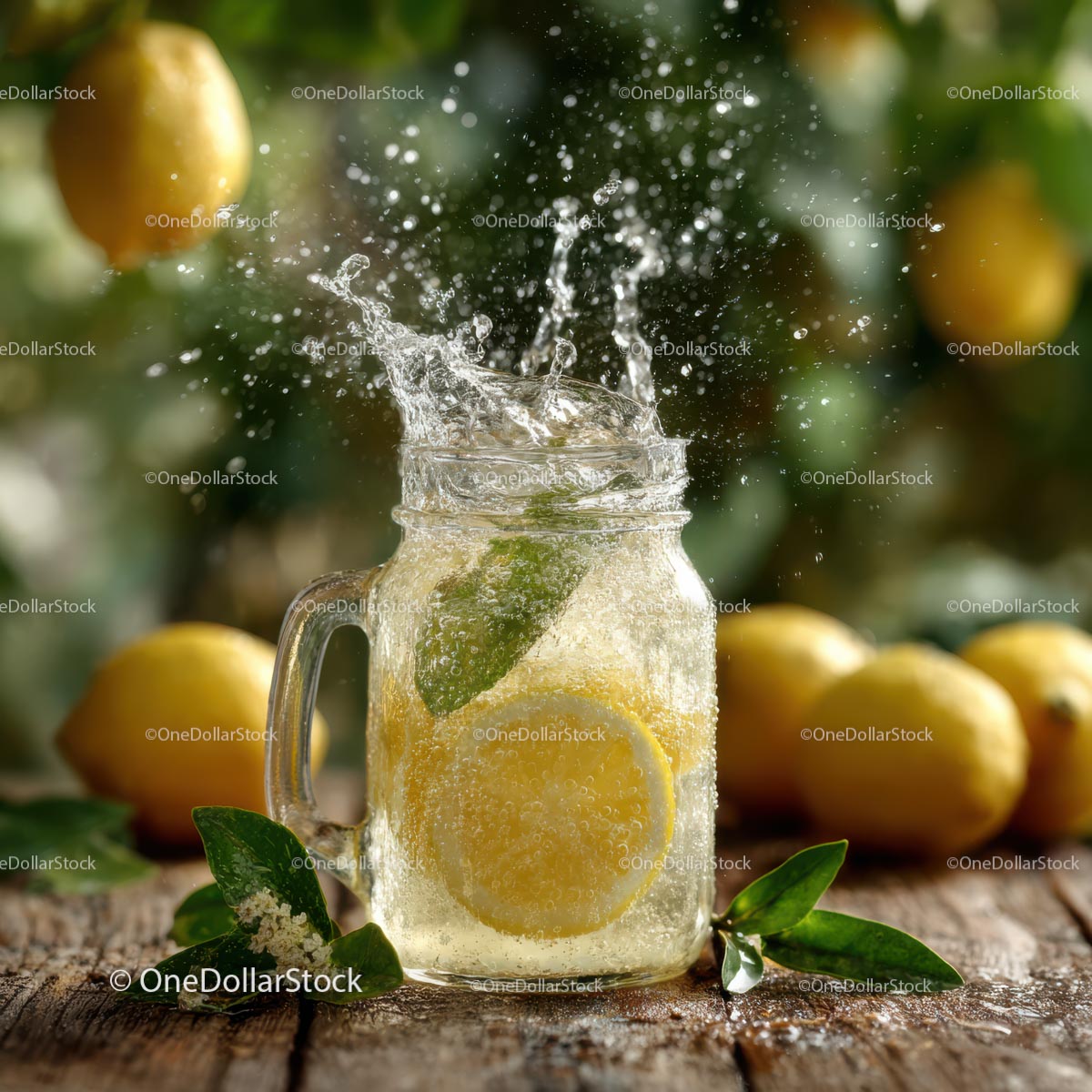 Lemon Splash in a Mason Jar on Rustic Wooden Table