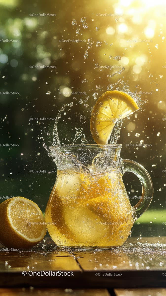 Refreshing Lemonade Splash in Sunlit Glass Pitcher