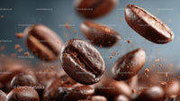 Close-Up of Flying Roasted Coffee Beans