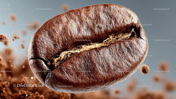 Close-Up of a Single Roasted Coffee Bean on Blue Background