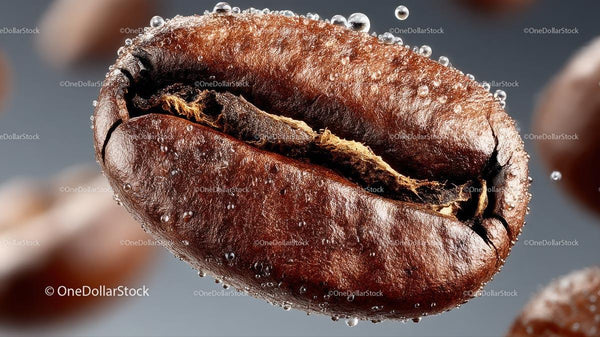Macro Shot of a Coffee Bean with Water Droplets