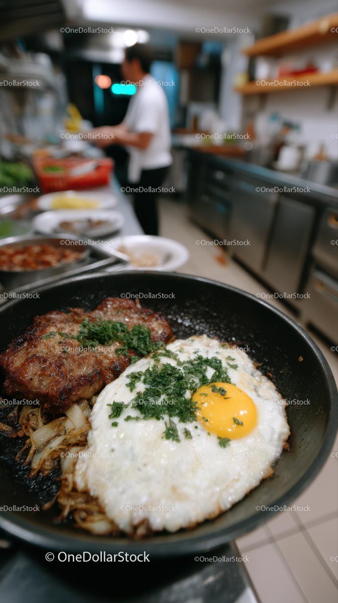 Sizzling Steak and Fried Egg in Professional Kitchen