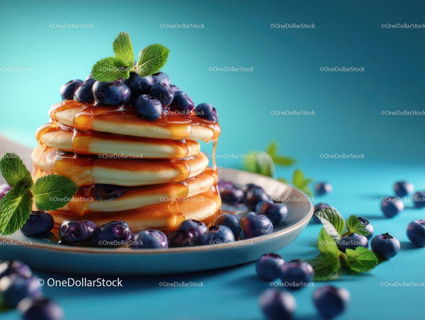 Stack of Fluffy Pancakes with Blueberries and Syrup