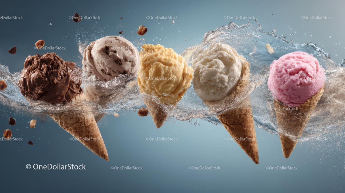 Variety of Ice Cream Cones with Splashing Water