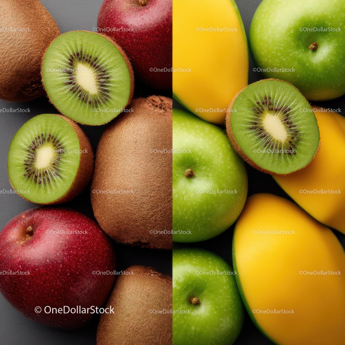 Vibrant Assortment of Kiwi, Apples, and Mango