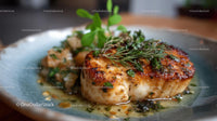 Seared Scallops with Fresh Rosemary on Blue Plate