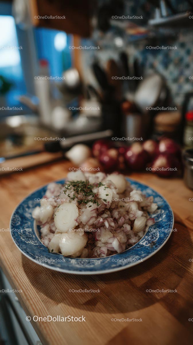 Pokrojona w kostkę cebula na niebieskim talerzu w rustykalnej kuchni