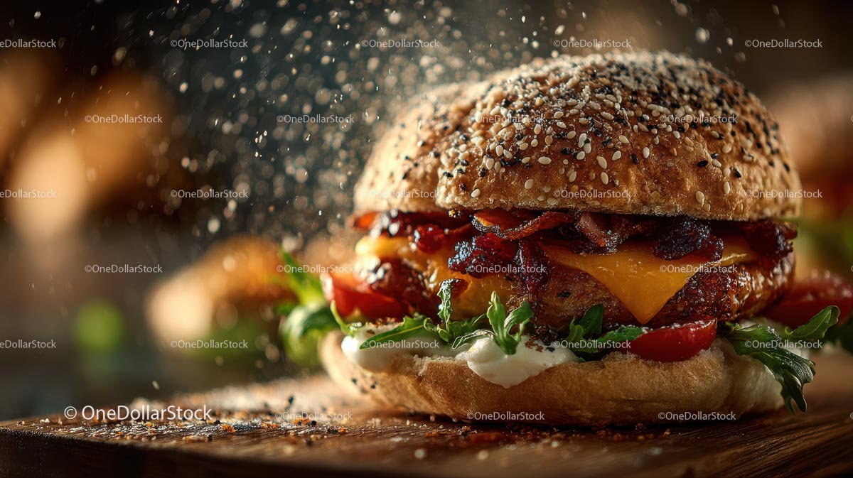 Close-up of Gourmet Cheeseburger with Bacon and Fresh Greens