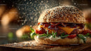 Close-up of Gourmet Cheeseburger with Bacon and Fresh Greens