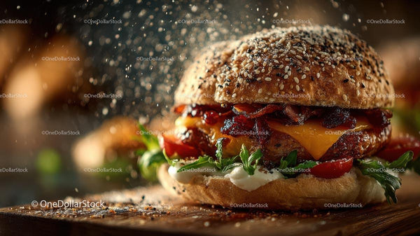 Close-up of Gourmet Cheeseburger with Bacon and Fresh Greens