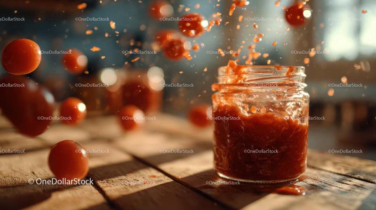Dynamic Tomato Splash with Sauce Jar on Rustic Table
