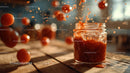 Dynamic Tomato Splash with Sauce Jar on Rustic Table