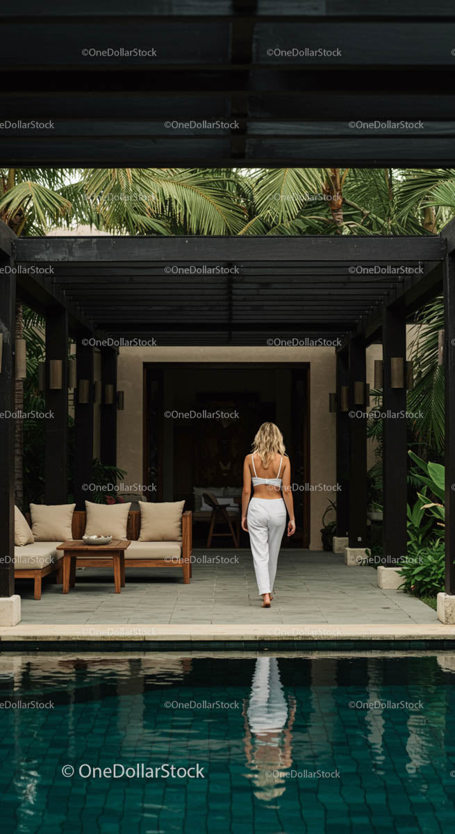 Woman Walking by Luxury Villa Pool Amidst Palm Trees