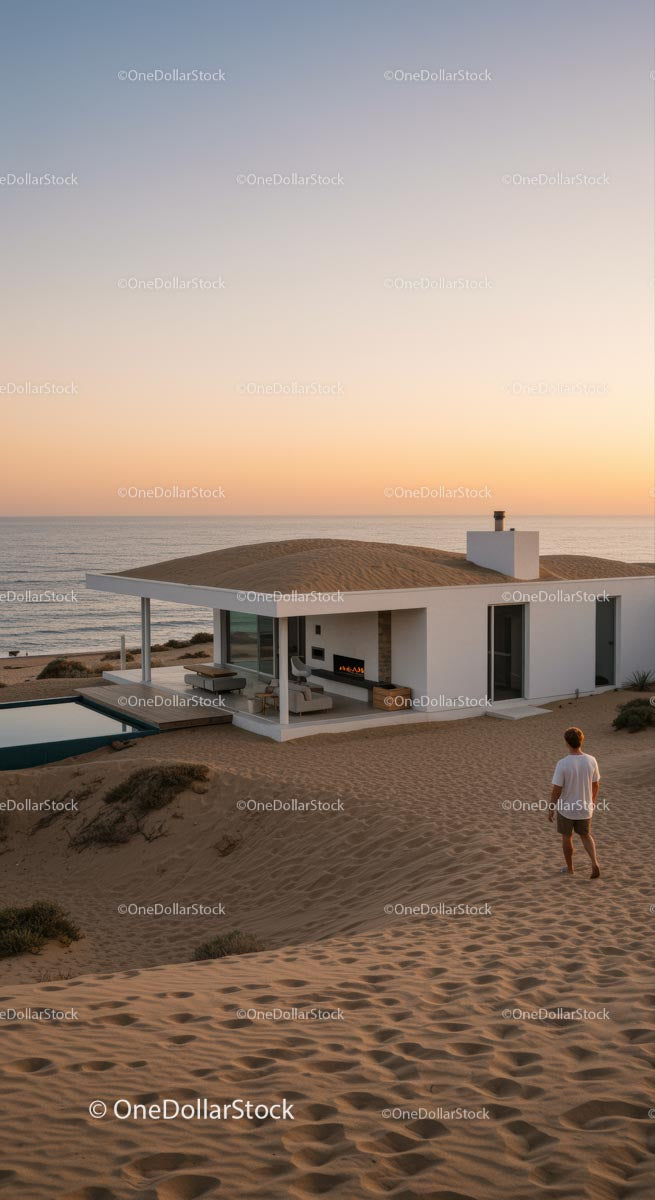 Modern Beachfront House at Sunset with Ocean View