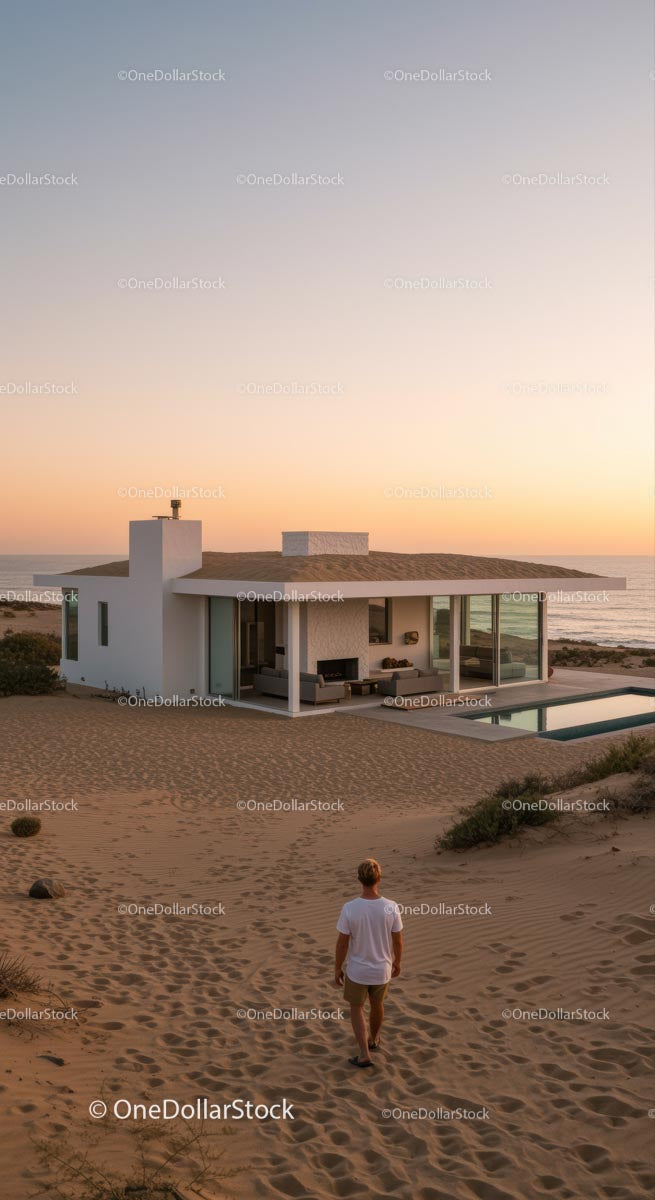 Modern Beachfront House at Sunset with Ocean View