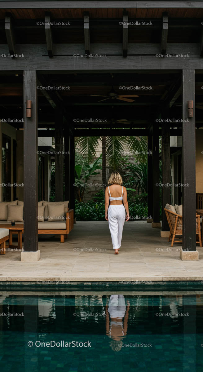 Woman Enjoys Solitude in Tropical Villa with Pool