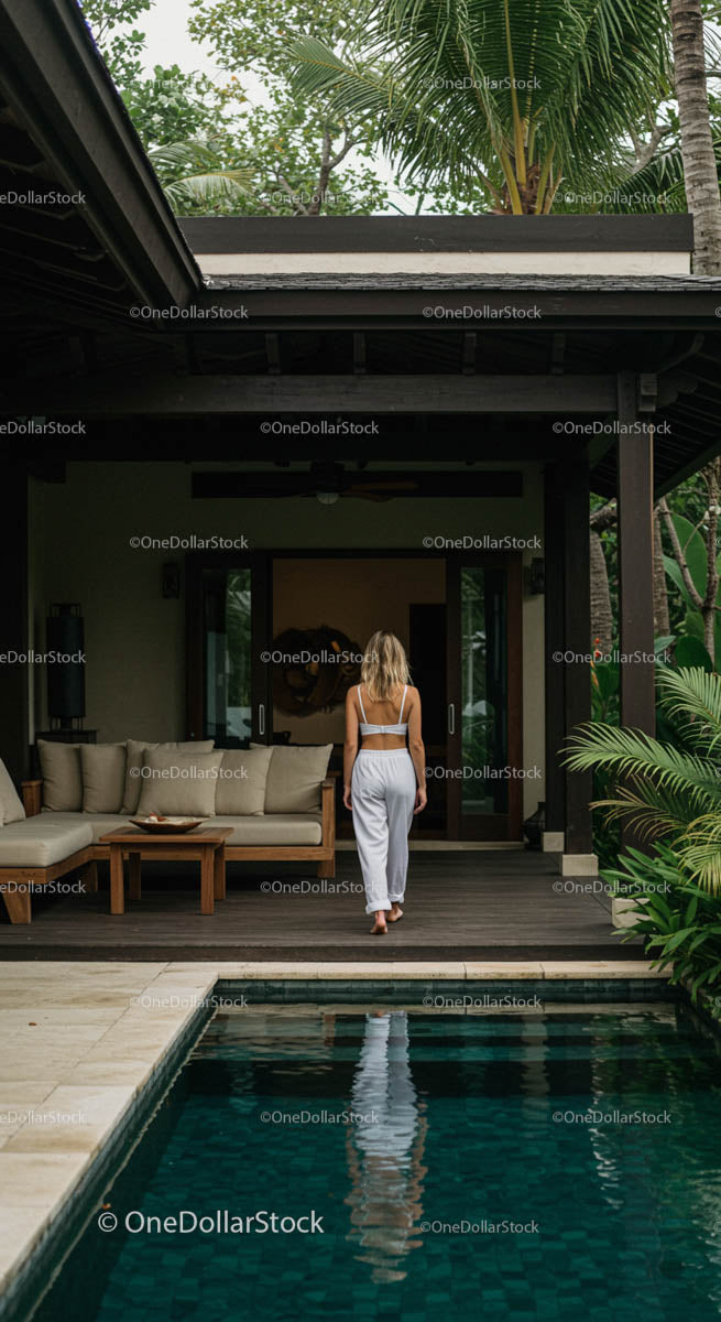 Woman Relaxing by Luxurious Tropical Villa with Pool