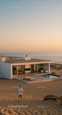Modern Beachfront House at Sunset with Ocean View