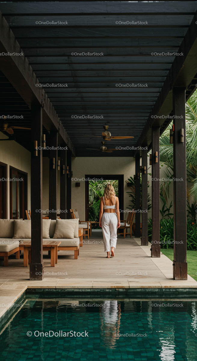 Woman Walking in Luxury Villa with Pool and Patio
