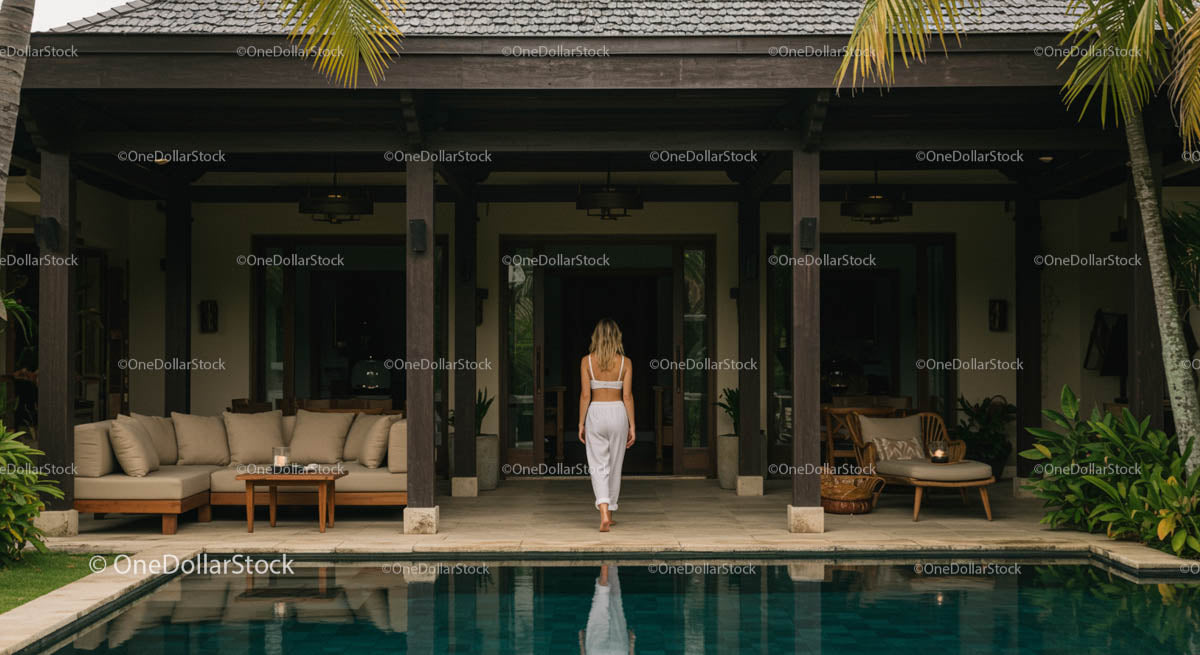 Elegant Woman Enjoying Peaceful Luxury Villa Retreat