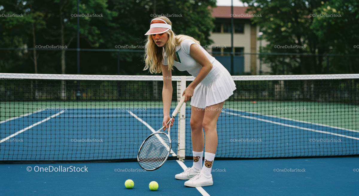 Female Tennis Player Concentrates on the Court