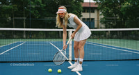 Female Tennis Player Concentrates on the Court