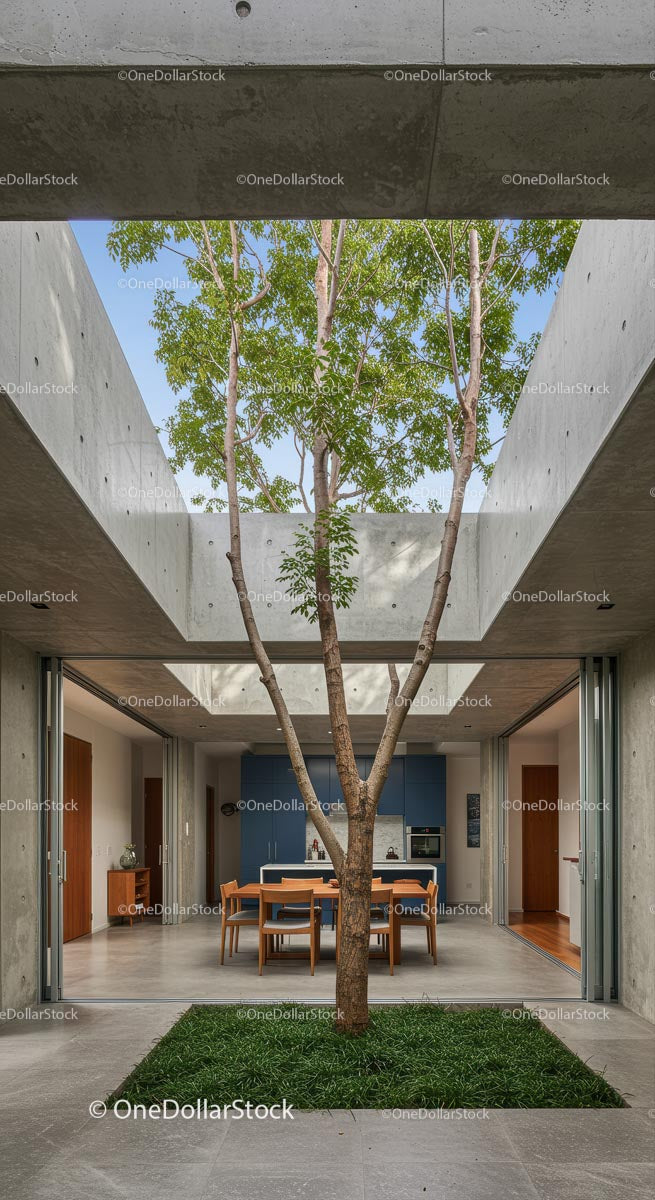 Modern Concrete Structure with Outdoor Dining and Tree Canopy