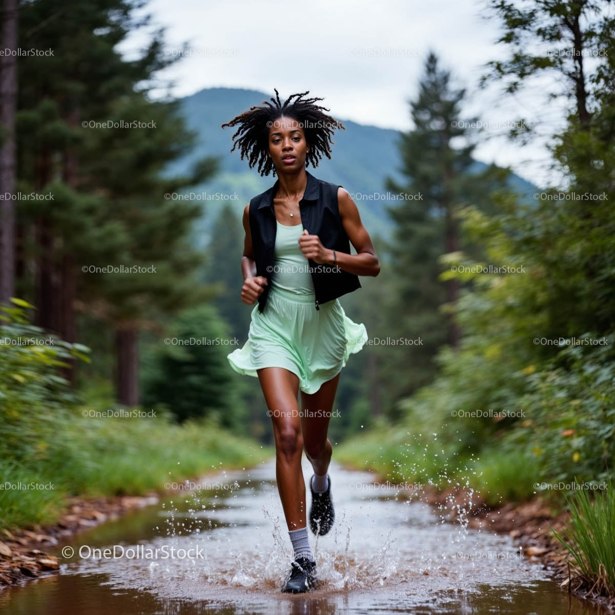 Athletic Woman Running on Forest Trail in Summer