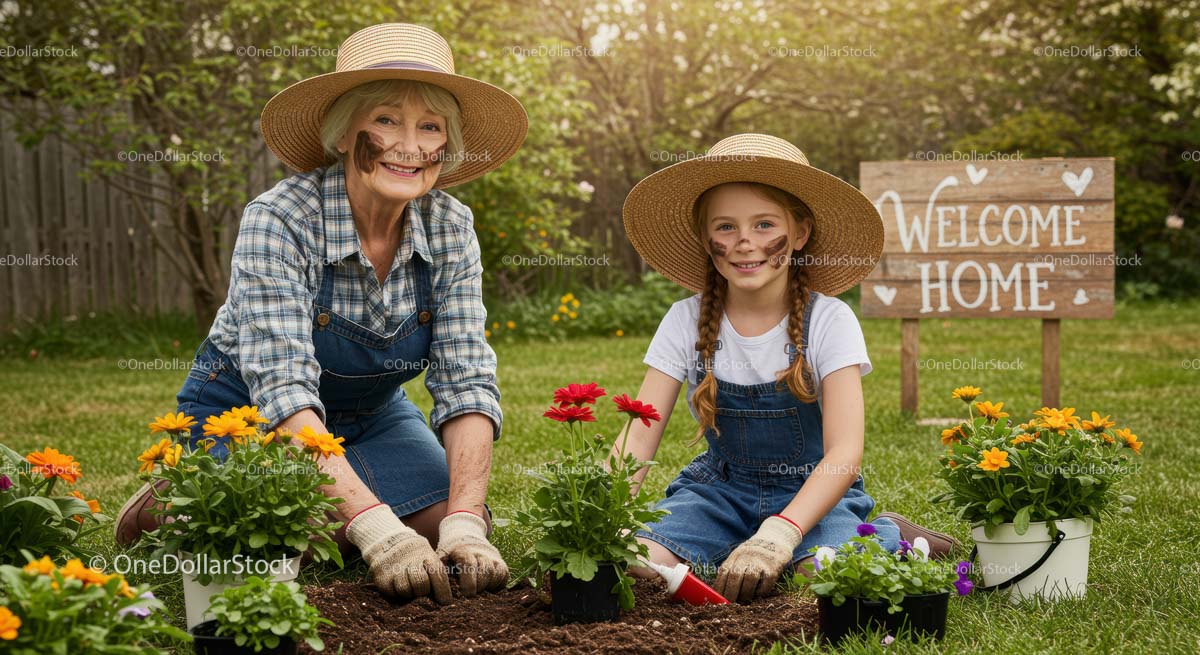 Grandmother and Granddaughter Planting Flowers in Garden