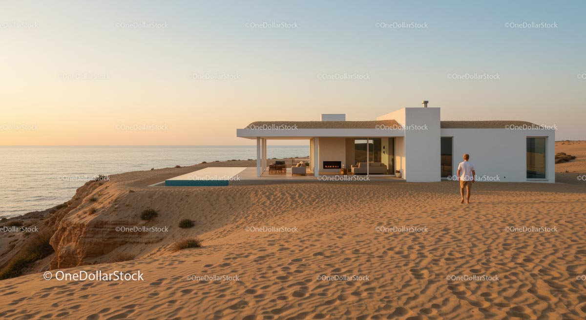 Modern Beachfront House at Sunset with Ocean View
