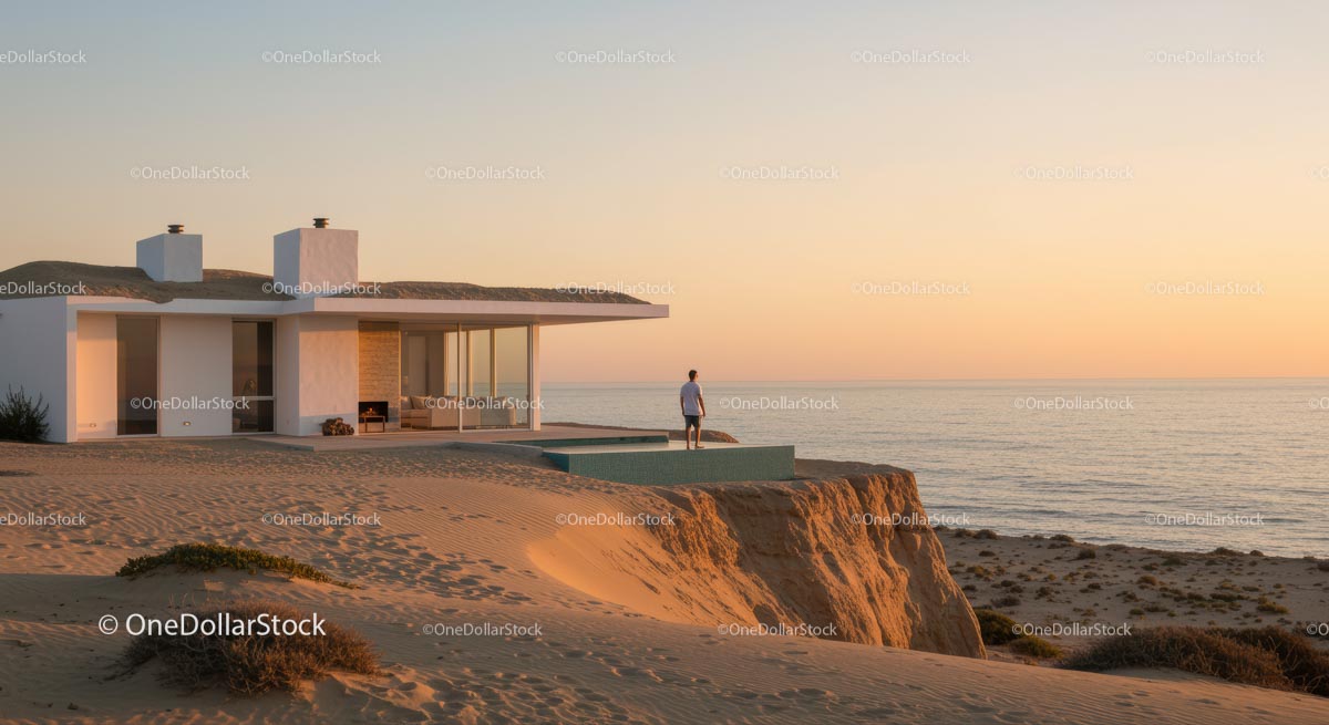 Modern Beachfront House at Sunset with Ocean View