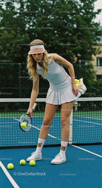 Young Woman Preparing on Tennis Court with Racket