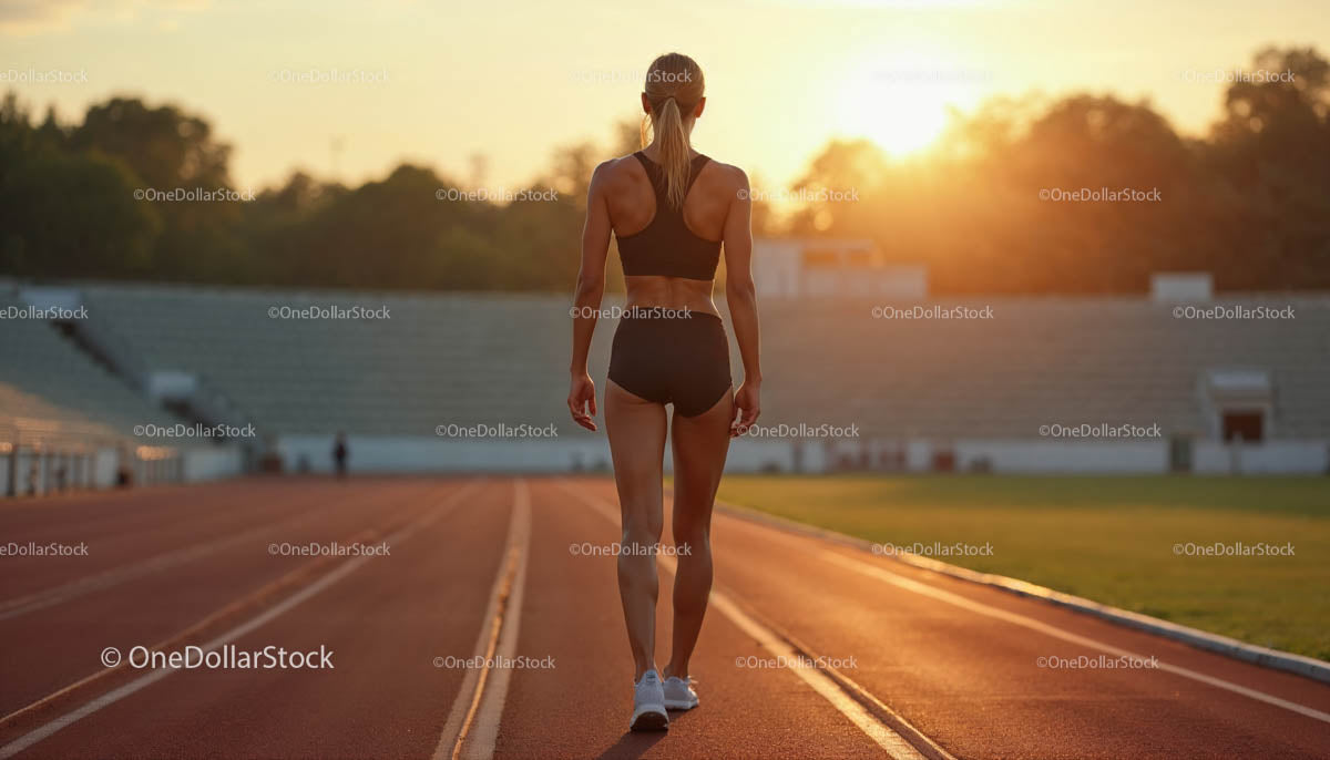 Kobieta uprawiająca jogging na bieżni o zachodzie słońca