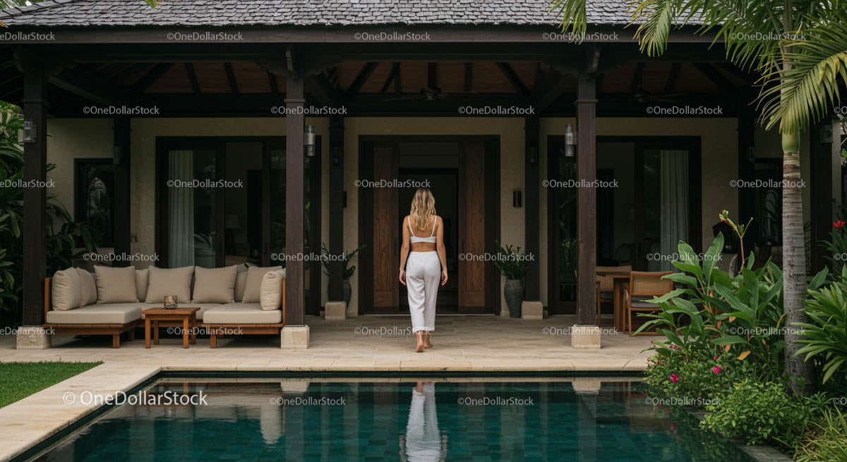 Woman Walking in a Luxury Tropical Villa with Poolside