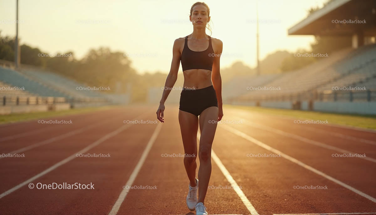 Female Athlete Walking on a Track at Sunrise