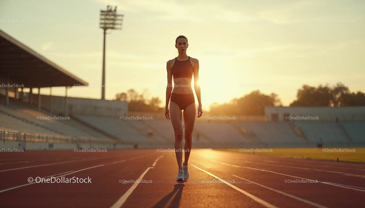 Athletic Woman Training on Running Track at Sunset