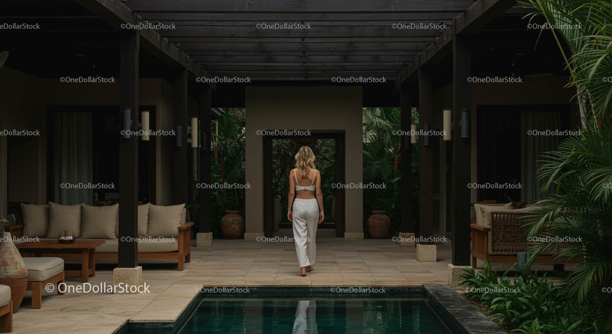 Elegant Tropical Patio with Lush Greenery and Pool
