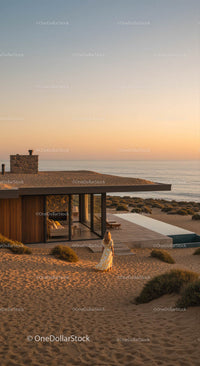 Modern Oceanfront Home at Sunset with Desert Landscape