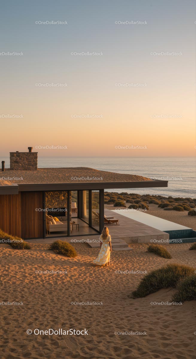 Modern Beachfront House at Sunset with Ocean View