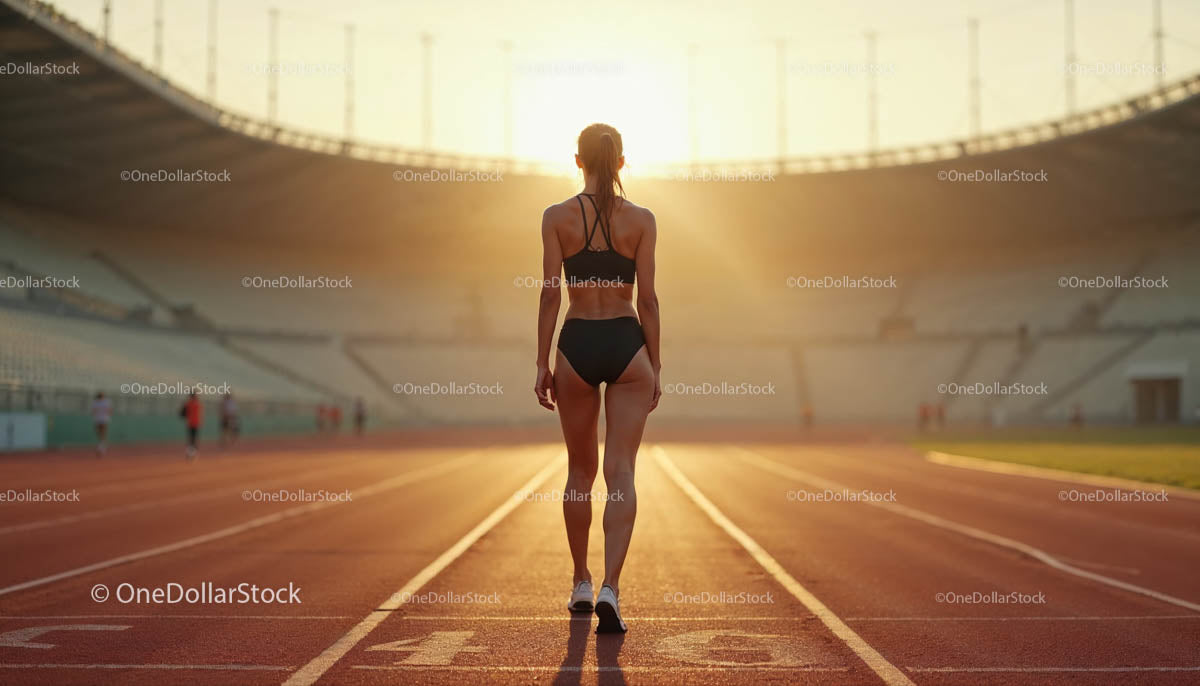 Determined Female Athlete on Sunlit Track at Sunset