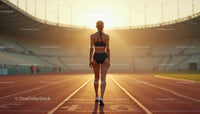 Determined Female Athlete on Sunlit Track at Sunset